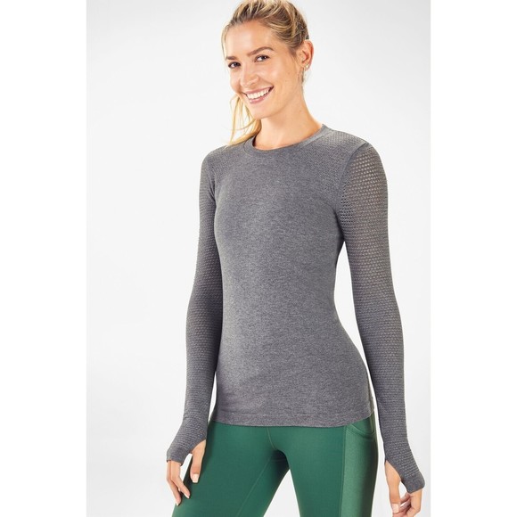 Fabletics Kathie Top Womens Large Gray Laser Cut Ruched Back Stretch Athleisure - Picture 1 of 11